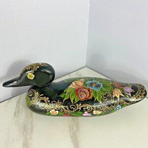 Wooden Duck Decoy Folk Art Handpainted Black & Floral 15" x 5-1/2"  European